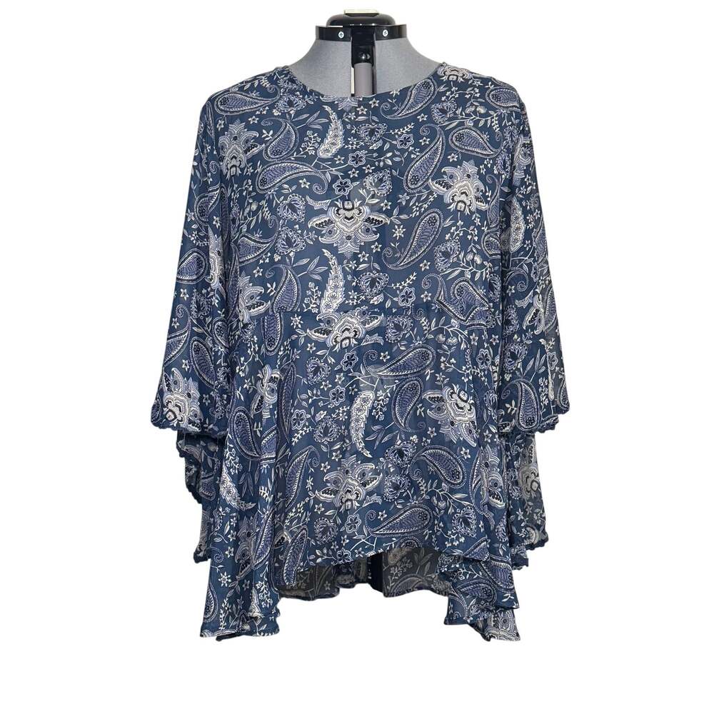 Simply Emma Blue Paisley Floral Boho Tunic Blouse Bell Sleeve Plus Size 3X
